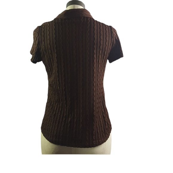 E.K Designs Ribbed Brocade stretchy buttons down shirt blouse dark chocolate - Picture 2 of 5